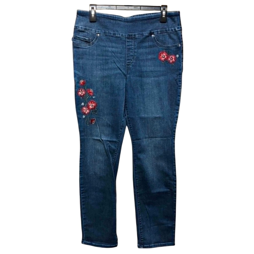 Lee Sculpting Slim Leg Jeans Womens 12 Blue Floral Embroidered Boho Stretch Denm